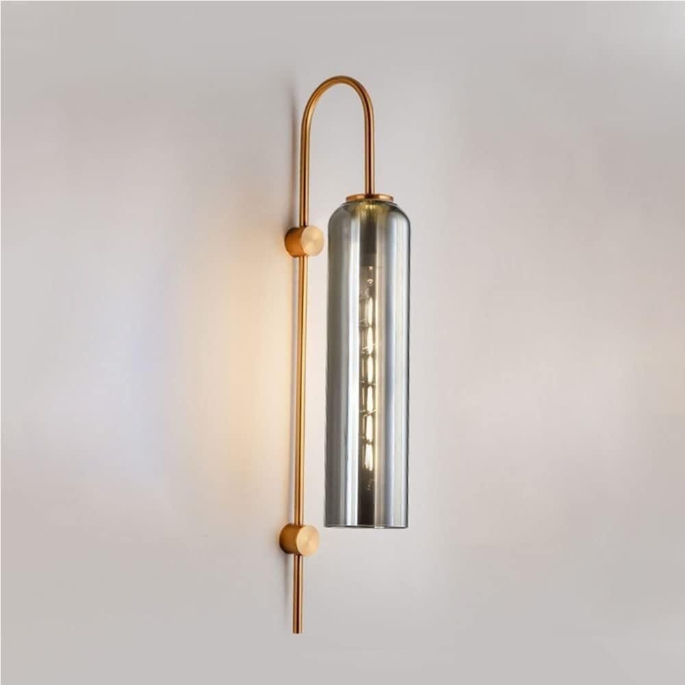 LYOUAE Mid Century Gold Long Arm Wall Sconce Nordic Classical Glass Wall Mount Lamp Modern Industrial Bedside Wall Light for Bedroom Living Room Hallway(Smoke Gray)