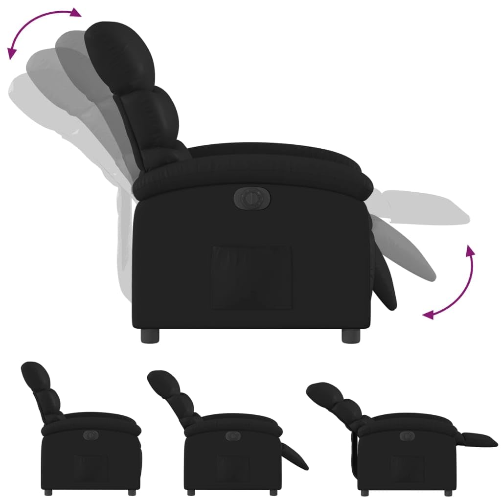 Fotel relaksacyjny, elektryczny, czarny, sztuczna skóra, z funkcją leżenia, regulowane oparcie i podnóżek, stabilna rama drewniana, ergonomiczny fotel telewizyjny do salonu i kącika do