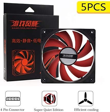 Quiet Edition 120mm Case Fan, Big 4 Pin & 3 Pin Connector for Mining Rig Case Open Air Frame, CPU Coolers,Radiators System (Red, 5 Piece)