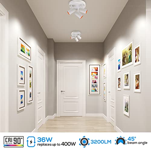 Leonlite 36W 5Cct 3 Light Ceiling Spotlights Dimmable, 2700K/3000K/3500K/4000K/5000K Selectable, Cri90, Directional Led Ceiling Light, Flush Mount Light Fixture Swivel Head For Hallway, Kitchen, White #TOP2