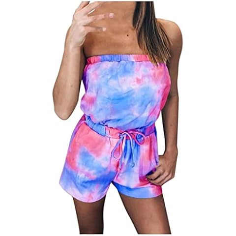 SIGOYI Bandeau Jumpsuit Women Short Sexy Tie Dye Ruched Romper Teen Girls Sleeveless Summer Romper Playsuit with Pockets Blue Cover