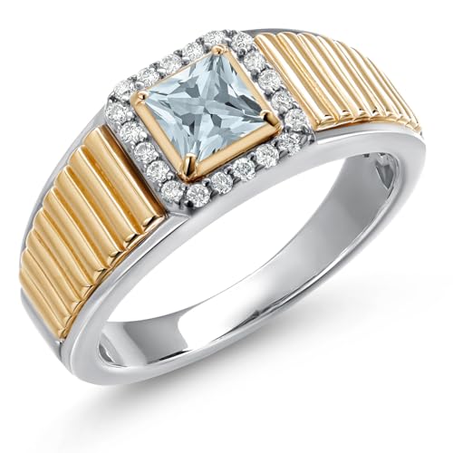Gem Stone King Princess Cut Ring For Men | 925 Silver and 10K Yellow Gold | 5MM Princess Cut Gemstone Birthstone and 1.2MM Round White Lab Grown Diamond | Available in Size 7-13