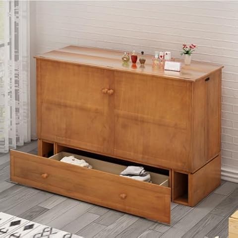 ijuicy Cube Murphy Bed Queen, Murphy Cabinet Chest Bed with Charging Station & 3 Level Foldable Memory Foam Mattress & & Large Drawer for Guests Room (Cherry) Cover