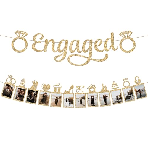 Image of Pre-Strung Glitter Photo Engaged Banner - 2 String, 10 Feet | Glitter Ring Engagement Photo Banner for Bachelorette Party Decorations | Engagement Party Decorations | She Said Yes Decoration, KatchOn