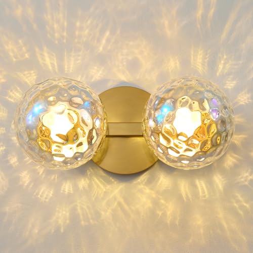 Image of Gold Globe Wall Sconce,Vanities Lights with 2 Stained Glass Shades | 6 inch Modern Spherical Vanity Sconces,Contemporary Small Brass Ball Lights Fixture for Entryway Bedside Bathroom,E26 Base