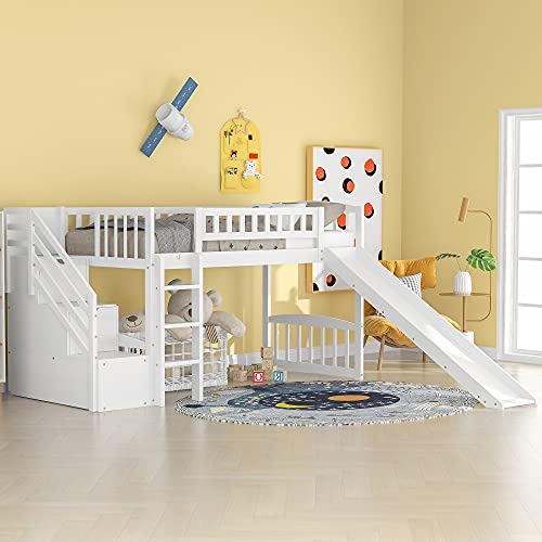 LZ LEISURE ZONE Twin Loft Bed, Low Loft Bed with Slide & Ladder, Solid Wood Twin Size Loft Bed Frame with 2 Drawers (White, Twin Loft with Slide)