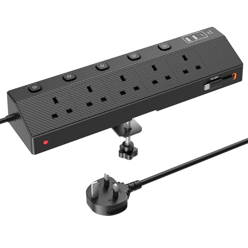 Desk Extension Lead 1.8M STGAROT PD 30W Power Strip with Retractable USB C Cable 5 Way Power Socket with 3 USB C Port 2 USB A Port Desktop Plug Socket with Removable Clamp for Office Accessories
