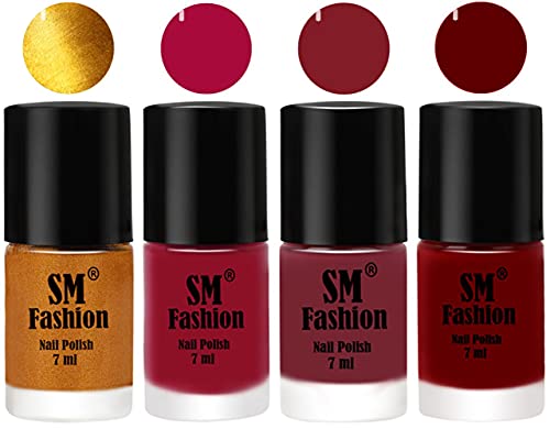 Image of Nail Polish Combo Set (Pack of 4) Quick Dry Gel Finish Nail Paint | Golden,Raspberry,Lip,Dark Red | 7 ml Each