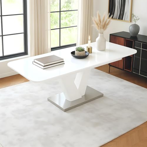 Image of Wakefit Ezio Glass 6 to 8 Seater Extendable Dining Table - White High Gloss Finish