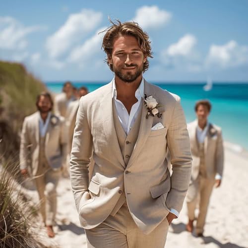 Linen Suits for Men Slim Fit 3 Piece Mens Linen Suit Beach Wedding Groomsmen Prom Suit Summer Blazer Vest Pants3
