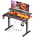 MOTPK 32 Inch Small Gaming Desk with LED Lights & Power Outlets, Computer Desk Gaming Table with Monitor Shelf, Gamer Desk with Carbon Fiber Texture, Kids Boys Desk Gift for Men