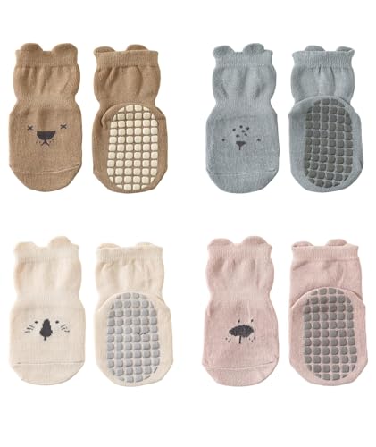 Anti Skid Socks for Kids 1-2 Years, 4 Pairs Socks for Baby Boy, Soft Cotton Baby Socks 12-18 Months Boys, Warm Winter Socks for Kids, Non-Slip Grip Ankle Socks, Ideal for Crawling & Walking.