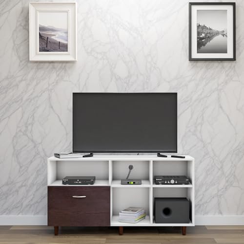 Image of VIKI Modern TV Unit for Living Room | Engineered Wood TV Cabinet with 1 Drawer Storage & 3 Open Shelves, Entertainment Unit, 140W x 74H x 40D cm | DIY | 1 Year Warranty (White & Wenge)