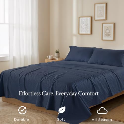 Image of Threadmill 300 Thread Count Cotton King Sheet Set, Sateen, Jacquard, Blue | 100% Cotton, Sateen Weave, Jacquard Pattern, 4-Piece Set, 16 inch Deep Pocket, Breathable, All-Season, Lightweight