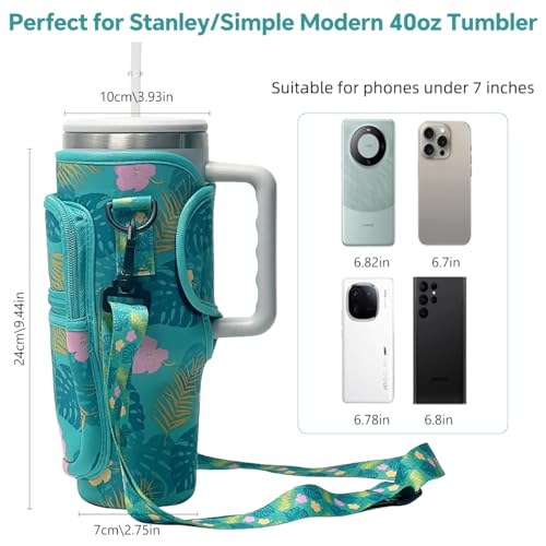 Image of HASTHIP Bottle Carrier Bag for Stanley Tumbler, Fashion Print Water Bottle Sling Bag with Phone Pocket, Neoprene Water Bottle Holder Pouch with Detachable Shoulder Strap