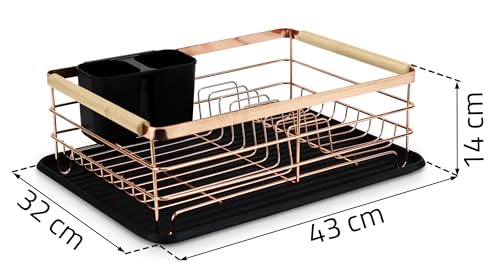 Massido Abtropfgestell Geschirr Geschirrabtropfgestell 43 x 32 x 14 cm Geschirrständer Holzgriffe Besteckhalter Schwarz Gold