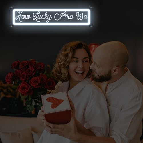 Image of How Lucky Are We Neon Sign, Romantic Anniversary LED Light, Home Bedroom Wall Decor,Valentine's Day Decor, Wedding Neon Wall Art, 16.5 inchx4.1 inch