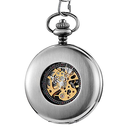 Montre mécanique rétro cadeau idéal boîtier lisse argent noir et pendentif chiffres romains