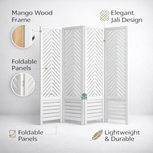 Image of Wooden Room Divider 6 Feet, 4-Panel Folding Wooden Partition for Living Room, Office, Pooja Room, Restaurant, Kitchen & Balcony (2W x 1.82H Meters). (White-Cone Pattern)