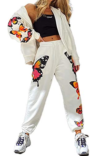Womens Fashion Jogger Outfit Zip Up Hooded Butterfly Sweatshirt and Drawstring Sweatpants Sports Sets Tracksuit(White(2 piece set), M)