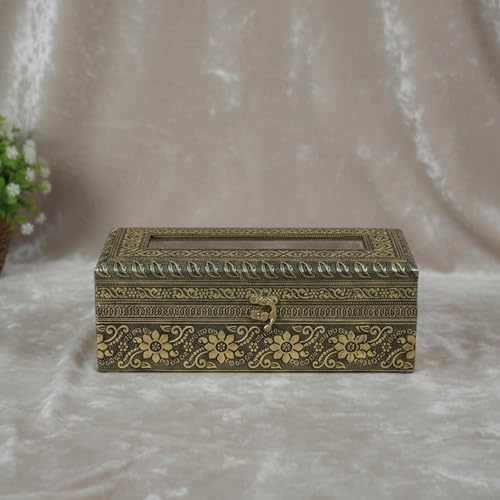 Image of TRENDWAGON Antique Gold Bangle Box with Glass Lid - 11 Inch Wooden Oxidized Jewellery Organizer - Decorative 1-Rod Chudi Case /Kangan Storage Holder for Wedding & Bridal Gift (Gold Floral)