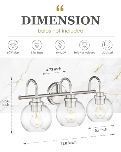 Image of Bathroom Light Fixtures, 3-Light Brushed Nickel Vanity Lights Over Mirror with Globe Clear Glass, Modern Vanity Lighting Fixtures, AD-22280-3W-SN