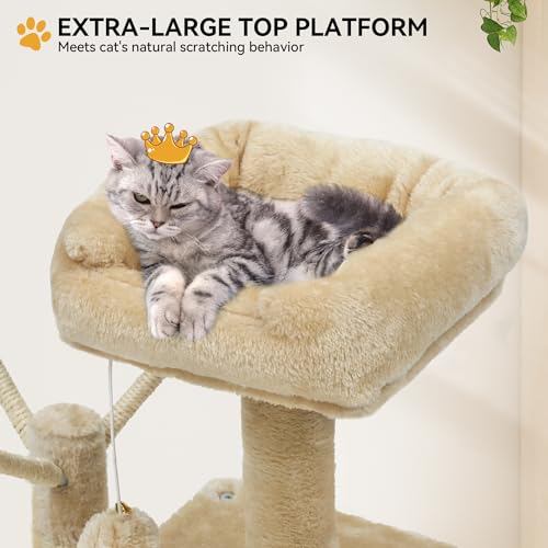 YITAHOME 44in Multi-Level Cat Tree for Indoor Kittens, Cat Furniture with Scratch Posts, Window Padded Plush Perch, Comfortable Hammock, and Interactive Pompoms, Beige by YITAHOME - Image 4