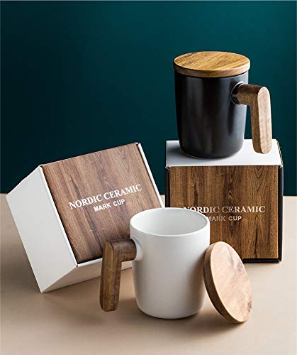 Coffee Mug Coffee Tea Cup Wood Handle and Lid Ceramic Cup, Hot and Cold Drinks Mug 12oz Birthday Gift Ideas Novelty Gift for Men Women Thanksgiving Christmas Perfect for home or the office (White) - Thumbnail 4