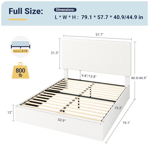 Image of Allewie Full Bed Frame, Adjustable Corduroy Headboard, Platform, White | Adjustable Headboard, Corduroy Fabric, Low Profile, Wooden Slats, 800 lb Capacity, No Box Spring Needed