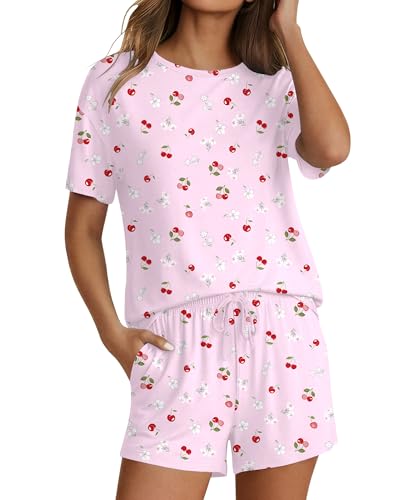 Image of Ekouaer Pajama Set for Women Viscose from Bamboo Short Sleeve Tops and Shorts Set 2 Piece Lounge Set