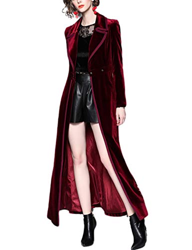 Omoone Women's Slim Notch Lapel Maxi Long Vintage Velvet Trench Coat Dress(1128-Wine Red-S) #TOP3