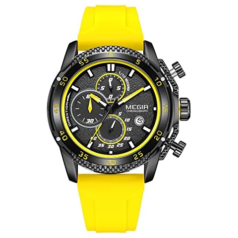 MEGIR Watch for Men Fashion Silicone Strap Chronograph Quartz Wristwatches with Auto Date Luminous Hands 3atm Waterproof 2211 (Yellow) Cover