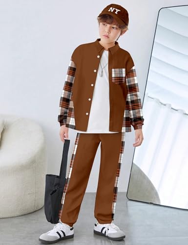 Image of Oranchids Boys Clothes Size 6 7 Boys' Clothing Sets Long Sleeve Brown Plaid Shirts Button Down Sweatshirt Jogger Fall Outfits Winter Clothes Thanksgiving Outfit