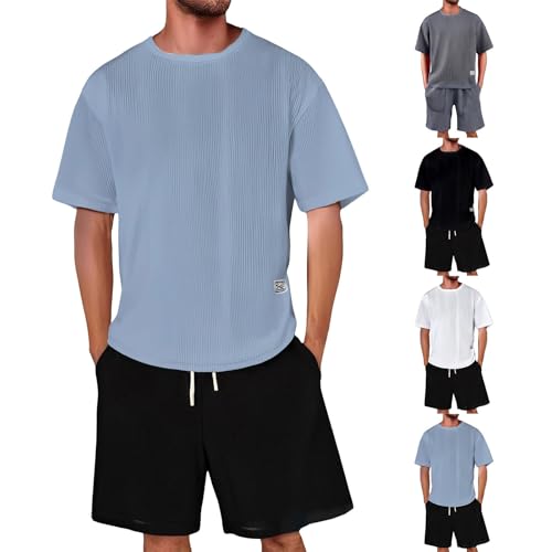 Cocila Men's Athletic T-Shirt and Shorts Set Breathable Casual Short Sleeve Apparel Tee Shirt Sportswear Lounge Set 2 Piece Outfits Fashion Athletic Tracksuit Sweatsuit with Pockets Sky Blue 5XL