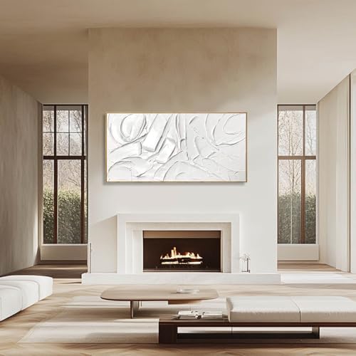 Image of XIANSHOU White Artwork for Walls Contemporary Abstract Art Hand Painted 29 inchx58 inch Line Art Wall Decor Large Wall Art for Living Room Bedroom Hotel