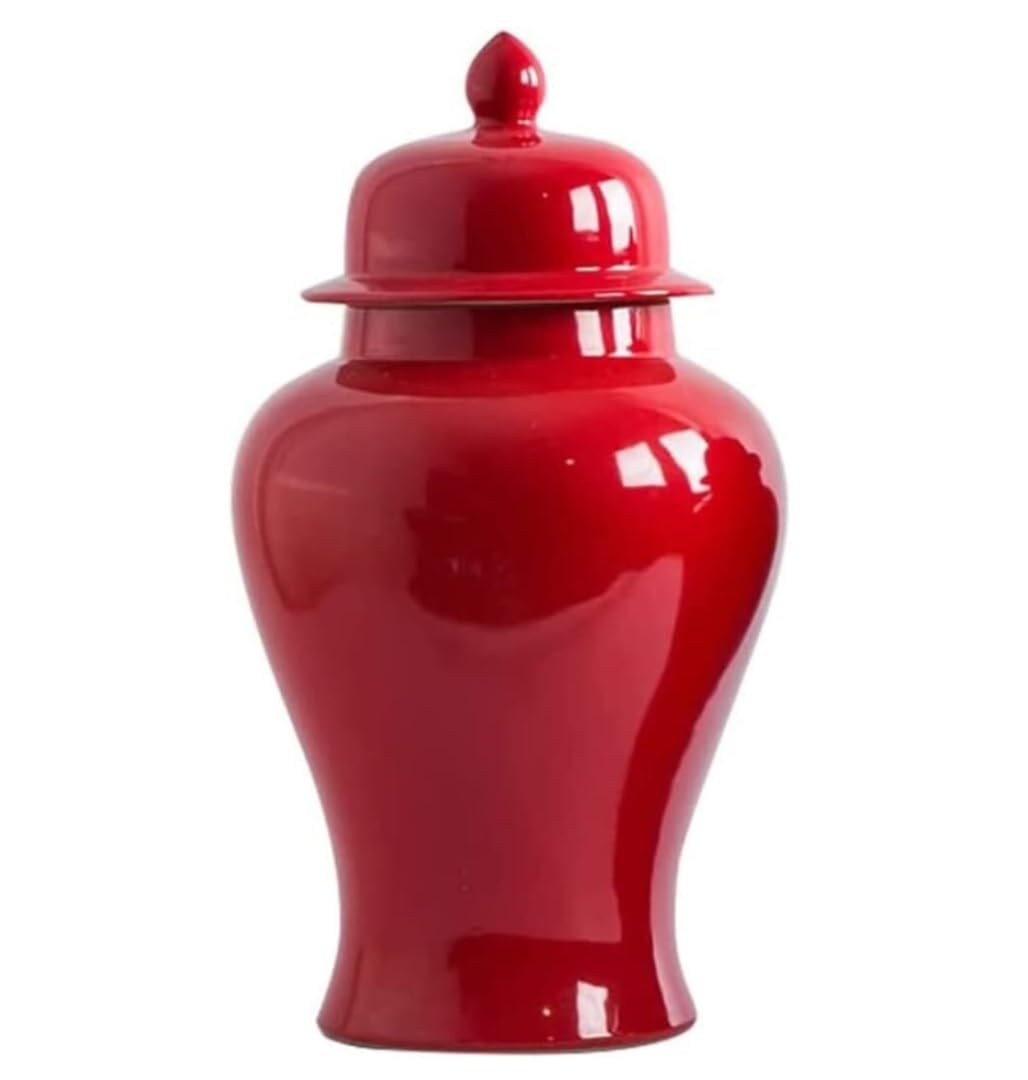 ASHSDI Temple Jar Ceramic Red Ginger Jar With Lid Exquisite Beautiful Decorative Porcelain Jars Temple Jar With Lids Chinoiserie Tea Jar(18.5 * 35cm)