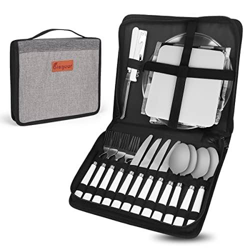 Camping Kitchen Silverware Mess Kit Cutlery Organizer 4 Person Dinnerware Set - 24pcs Eating Utensils Set with Stainless Steel Plate Spoon Serrated &