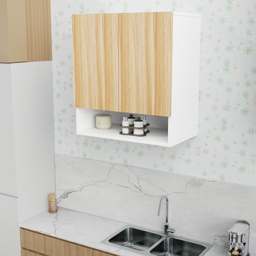Image of 2 Door Multipurpose Wall Mounted Cabinet with Adjustable & Fixed Shelf | Storage for Kitchen, Bathroom, Office & Living Room | Assembly-DIY | Color-White & Asian Light | Size-60x33x63.8 Cm