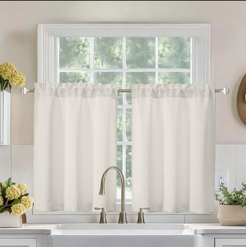 Image of Aiyufeng Natural Short 36 Inches Room Darkening Curtain 2 Panels Set, Half Window Rod Pocket Privacy Tiers for Kitchen, Curtains Blackout for Bathroom Shades, W40 x L36 Inch, Natural