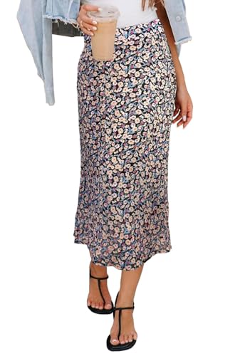 Image of HERBATOMIA Women's Floral Print Midi Skirt Casual High Elastic Waist Zipper Vintage Long Boho Skirts for Women