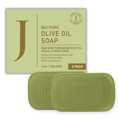 Jericho Olive Oil Soap Bar – 86% Pure Cold Pressed Natural Soap for Sensitive Skin, Face & Body – Fragrance Free, Palm Oil Free, Vegan Cleanser – 2 Bars 4.4 oz Each