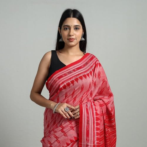 Image of ODISHAHANDLOOM Sambalpuri Pure Cotton Handloom Saree, Traditional Ikat Pattern, Red and Green, Without Blouse
