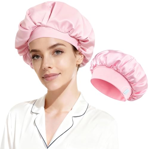 Silk Bonnet Double Layer Sleeping Bonnet with Adjustable Elastic Band and Silk Lined for Women Men Hair Protection Cap for Curly Long Hair Braids Curly Hair (Pink)