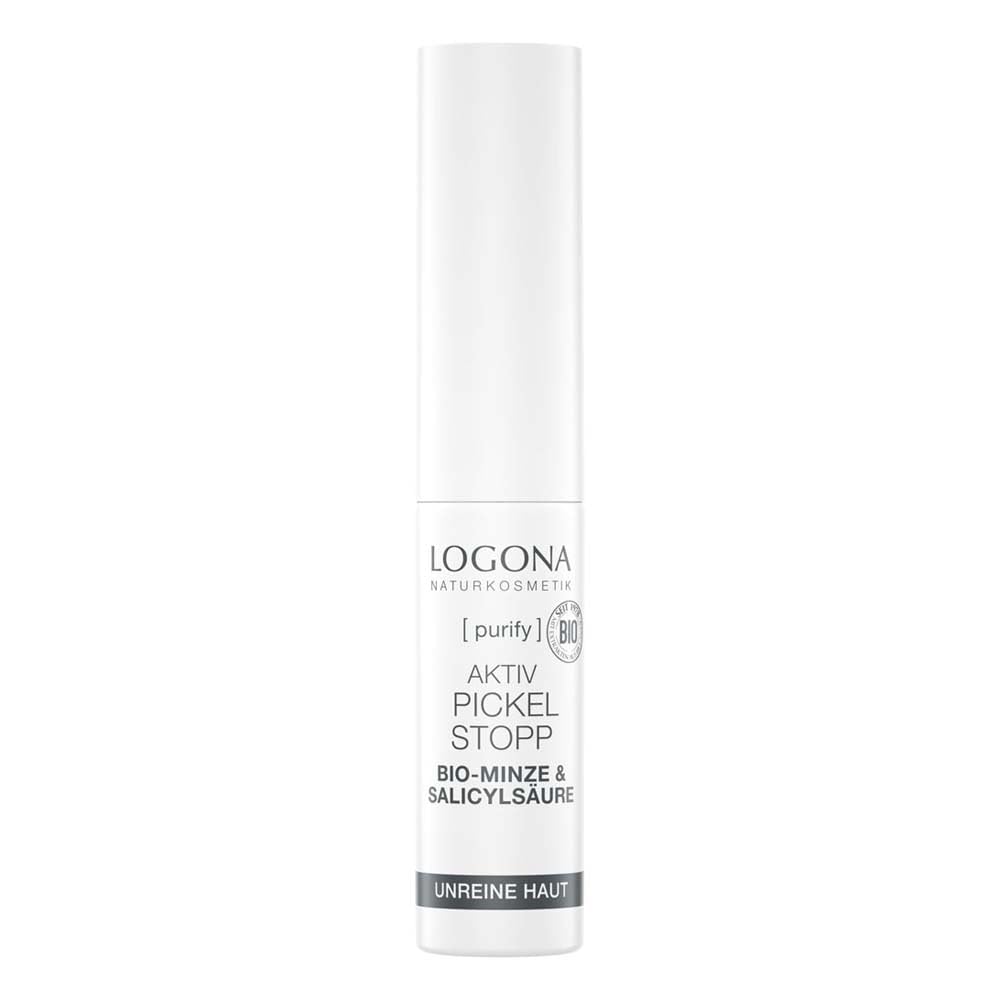 Bioaktywny preparat do zwalczania pryszczy marki Logona, naturalny kosmetyk do zanieczyszczonej skóry i skóry mieszanej, mięty ekologicznej i naturalnego kwasu salicylowego z kory wierzbowej, szybka pomoc w zwalczaniu pryszczów, naturalny i wegański, 6 ml