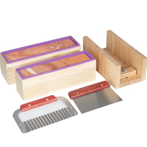Kit de fabricación de jabón de silicona con caja de madera, caja de cortador de jabón ajustable para la fabricación de jabón, incluye raspador ondulado y recto de acero inoxidable