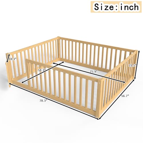 Image of Bellemave Full Size Kids Montessori Floor Bed with Door,Solid Wood Floor Bed Frame with High Fence for Girls,Boys,Natural
