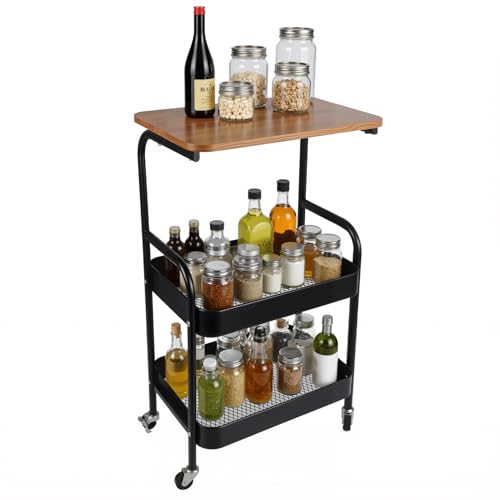 FYY キッチンワゴン 天板 キャスター付き キッチンラック 3段 サイドワゴン 収納 棚 バスケットラック 収納ワゴン 調味料 食品ラック スリム 組み立て簡単 小物隙間収納 キッチン 洗面所 脱衣所 幅44cm×奥行き30cm×高さ77cm（ブラック）のサムネイル