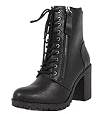 Soda Malia Round Toe Stacked Lug Heel Lace Up Ankle Booties (Black PU, numeric_9)
