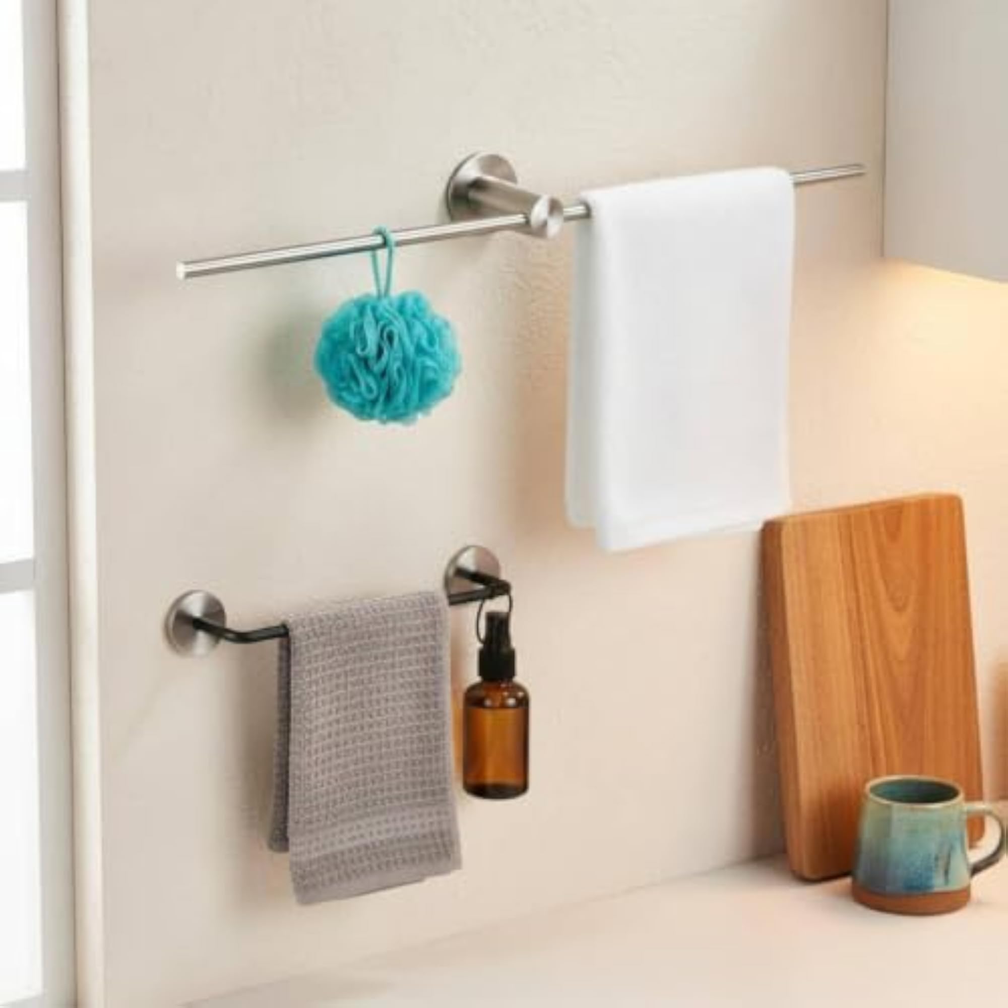 Wall-Attached Towel Rod for Shower and Kitchen, 30CM Brushed