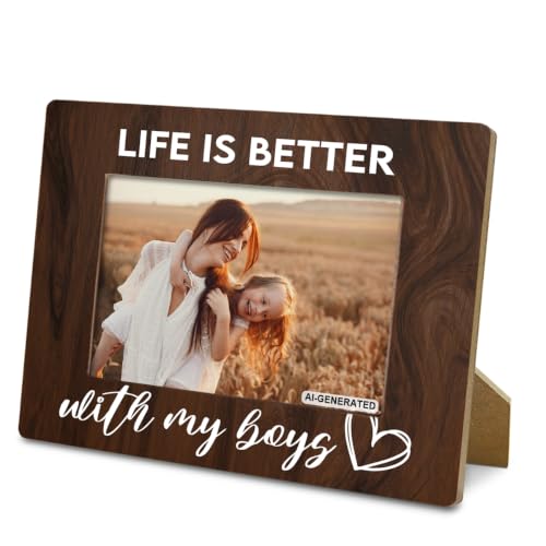 Yxadu Mom Son 4x6 Picture Frame, Boy Mom Gifts, Funny & Birthday Gifts, Funny Mother Gift, Life is Better with My Boys Wooden Frame for Farmhouse Desk Decor-Rustic Nature Wood Texture